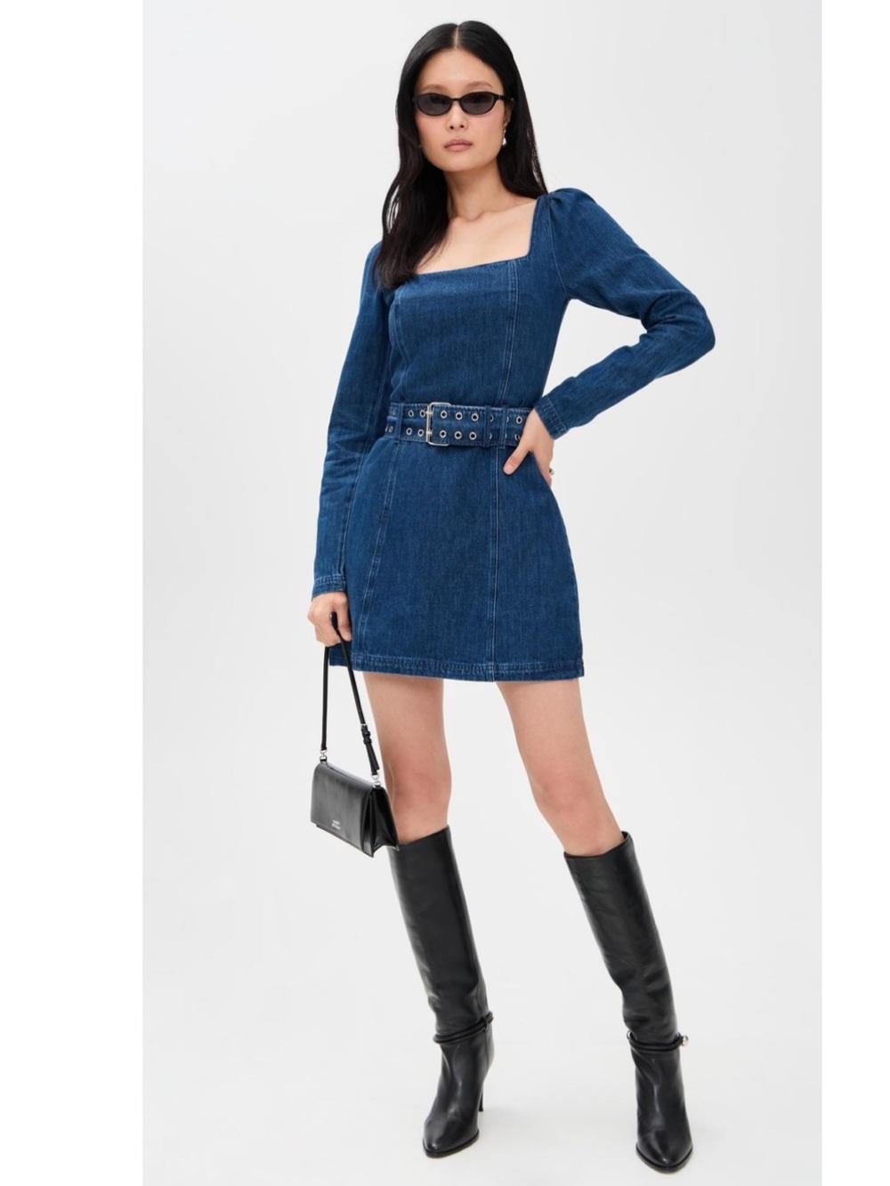 AMANDA UPRICHARD Square-Neck Denim Mini Dress in Dark Blue